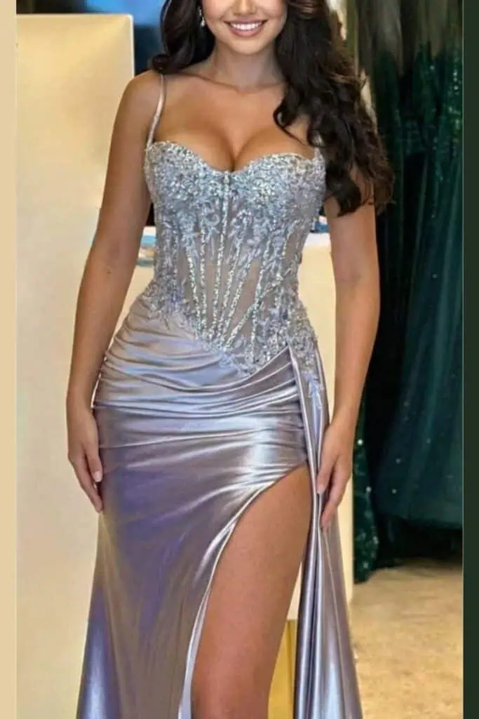 silver sparkly prom dress with corset bodice satin skirt thigh slit affordable formal gown