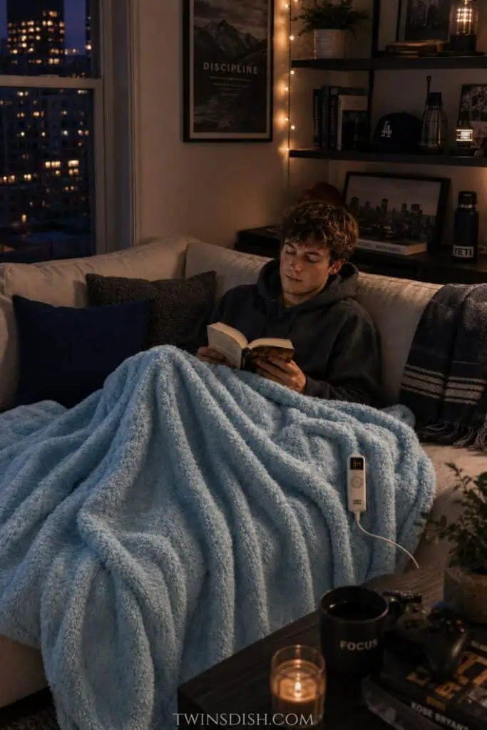 College guy relaxing on a couch with a blue electric heated blanket in a moody apartment with dark blue decor, city lights, string lights, books, and cozy room accents.