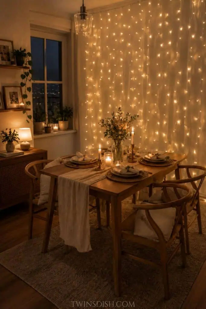 Small cozy dining room with a wooden table, candlelight, and one wall covered in warm curtain fairy lights.