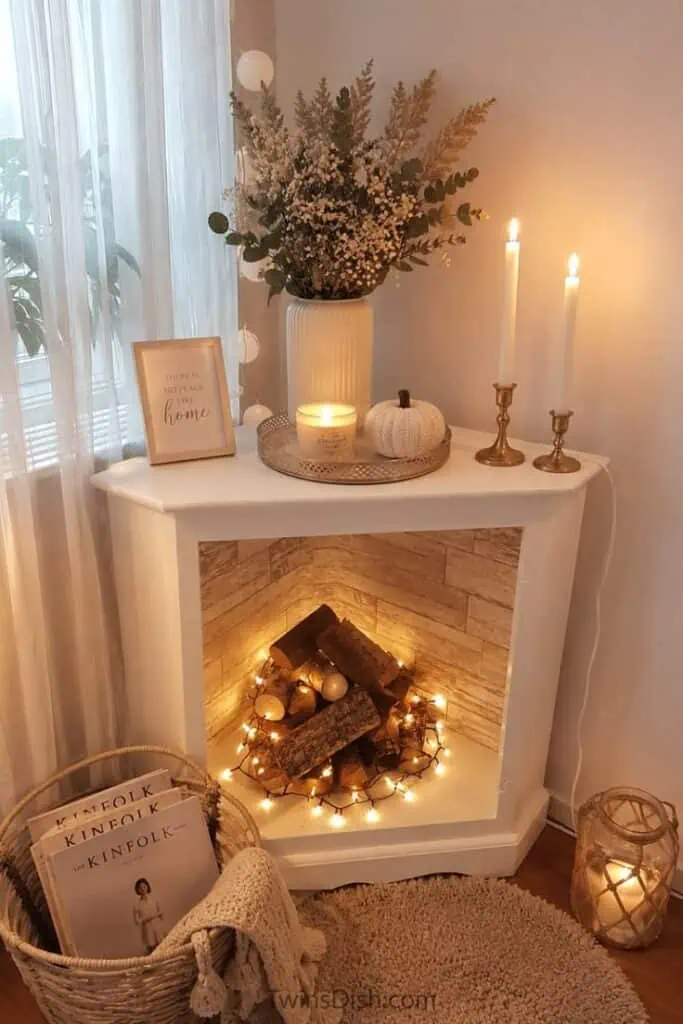 Cozy apartment corner with a white faux fireplace decorated with candles, a neutral pumpkin, dried flowers, string lights, and a basket of magazines.