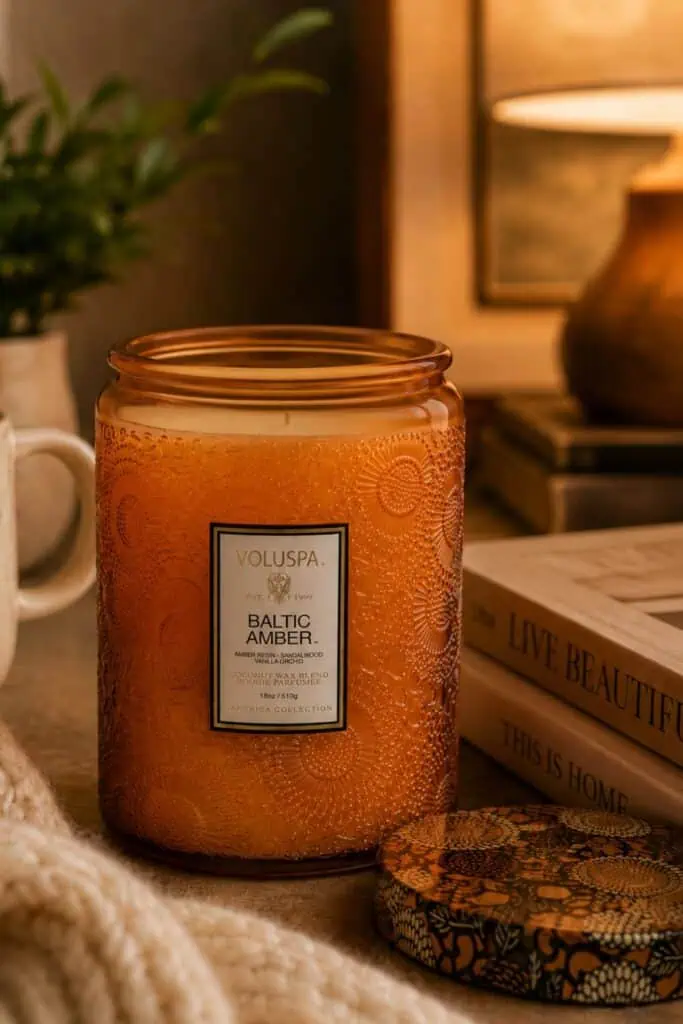 Unlit amber Voluspa Baltic Amber candle on a cozy tabletop with a patterned lid, stacked books, a ceramic mug, knit blanket, plant, and warm lamp light.