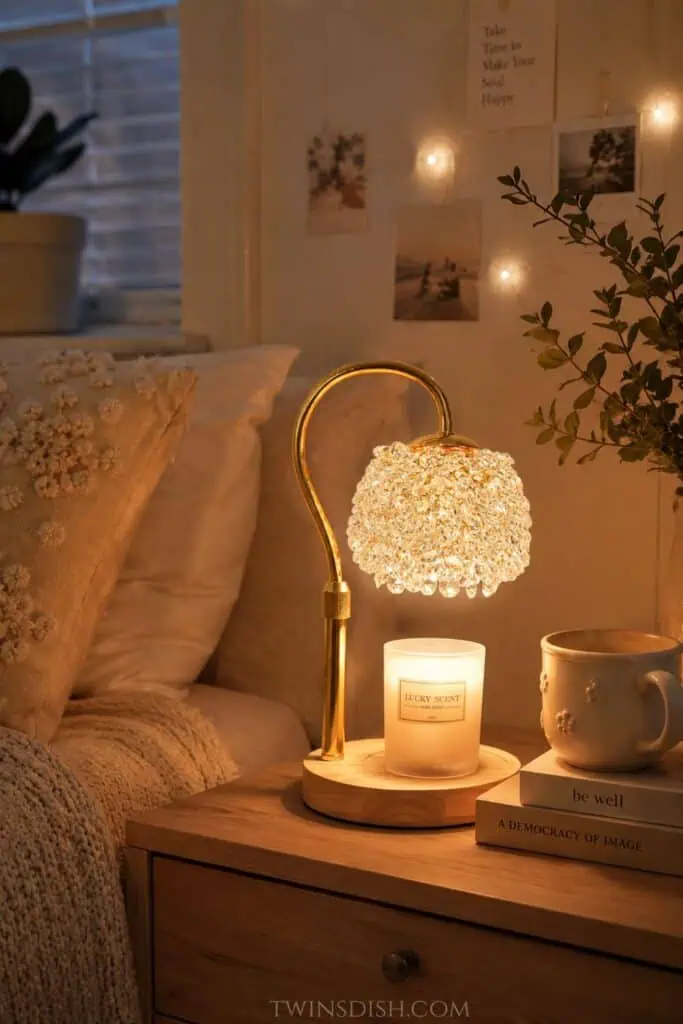 Gold candle warmer lamp on a wooden nightstand with a glowing candle, cozy bedding, books, a mug, greenery, and warm apartment lighting.