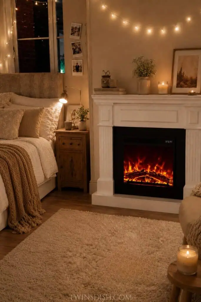 Cozy apartment bedroom with a white electric fireplace, warm string lights, cream bedding, candles, a fluffy rug, and neutral winter decor.