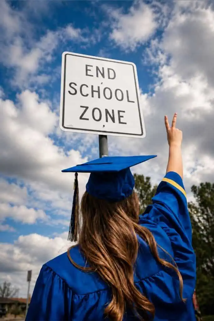 High school graduate in blue cap and gown posing under end school zone sign with peace sign for high school graduation pictures