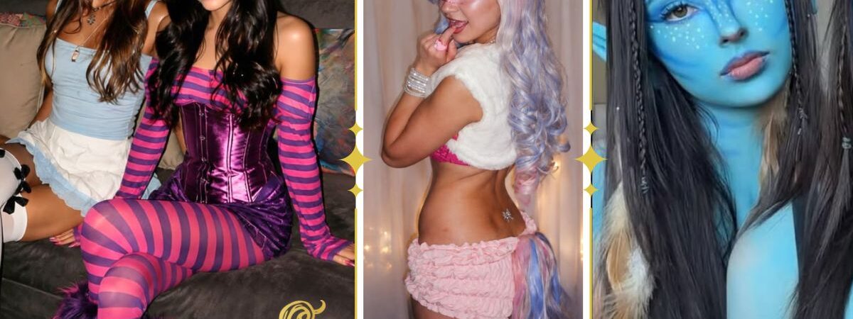 Women wearing Halloween costumes including an Alice in Wonderland Alice and Cheshire Cat duo, a sexy pastel unicorn costume, and an Avatar-inspired blue character look.