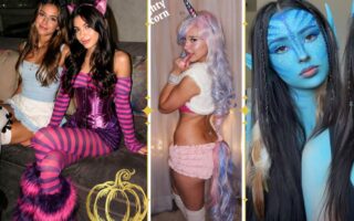 Women wearing Halloween costumes including an Alice in Wonderland Alice and Cheshire Cat duo, a sexy pastel unicorn costume, and an Avatar-inspired blue character look.
