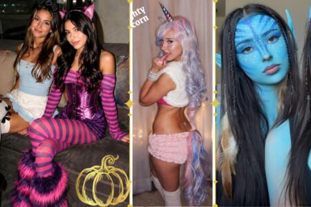 Women wearing Halloween costumes including an Alice in Wonderland Alice and Cheshire Cat duo, a sexy pastel unicorn costume, and an Avatar-inspired blue character look.