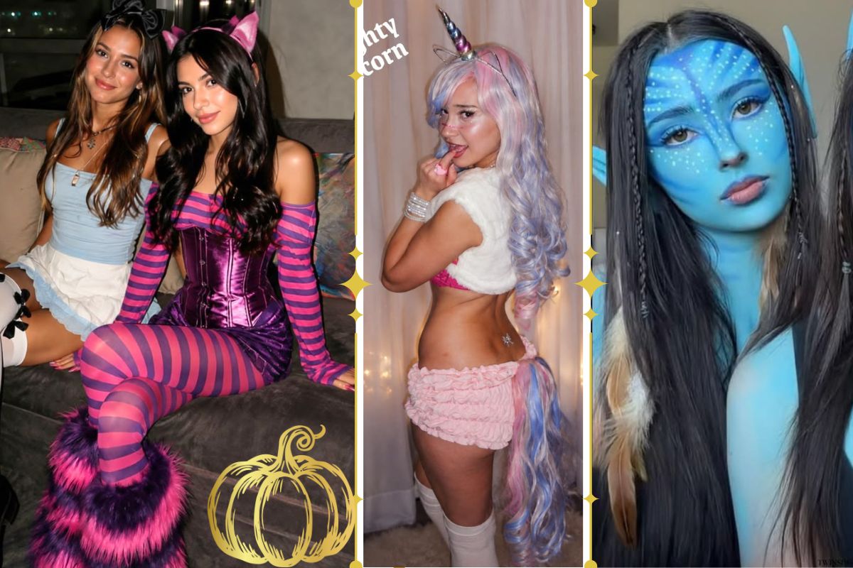 Women wearing Halloween costumes including an Alice in Wonderland Alice and Cheshire Cat duo, a sexy pastel unicorn costume, and an Avatar-inspired blue character look.