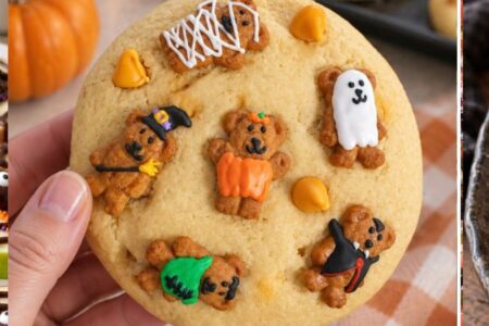 Easy Halloween treats featuring chocolate spiderweb apple slices, Halloween Teddy Graham sugar cookies, and eyeball jelly donuts.