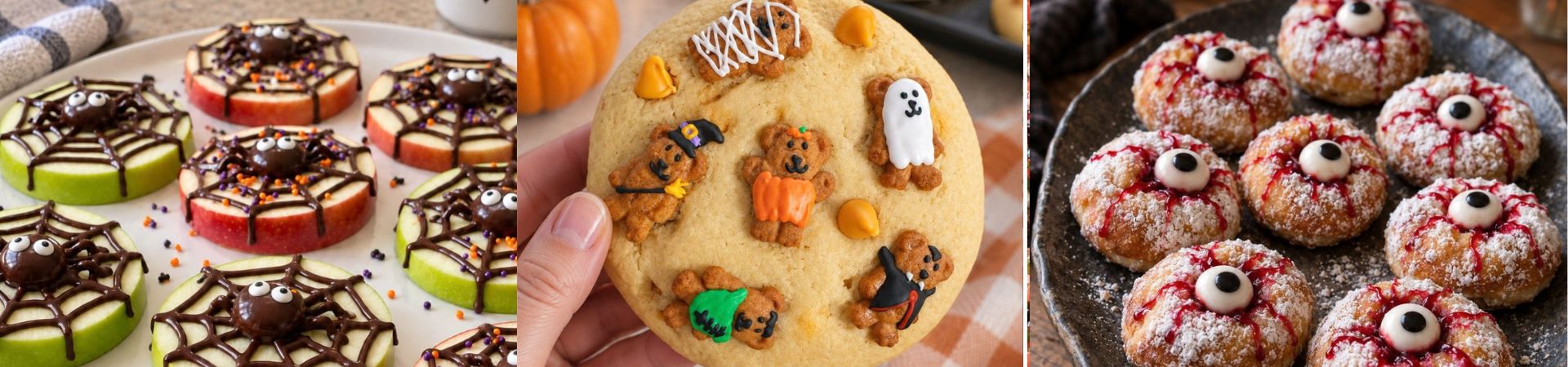 Easy Halloween treats featuring chocolate spiderweb apple slices, Halloween Teddy Graham sugar cookies, and eyeball jelly donuts.