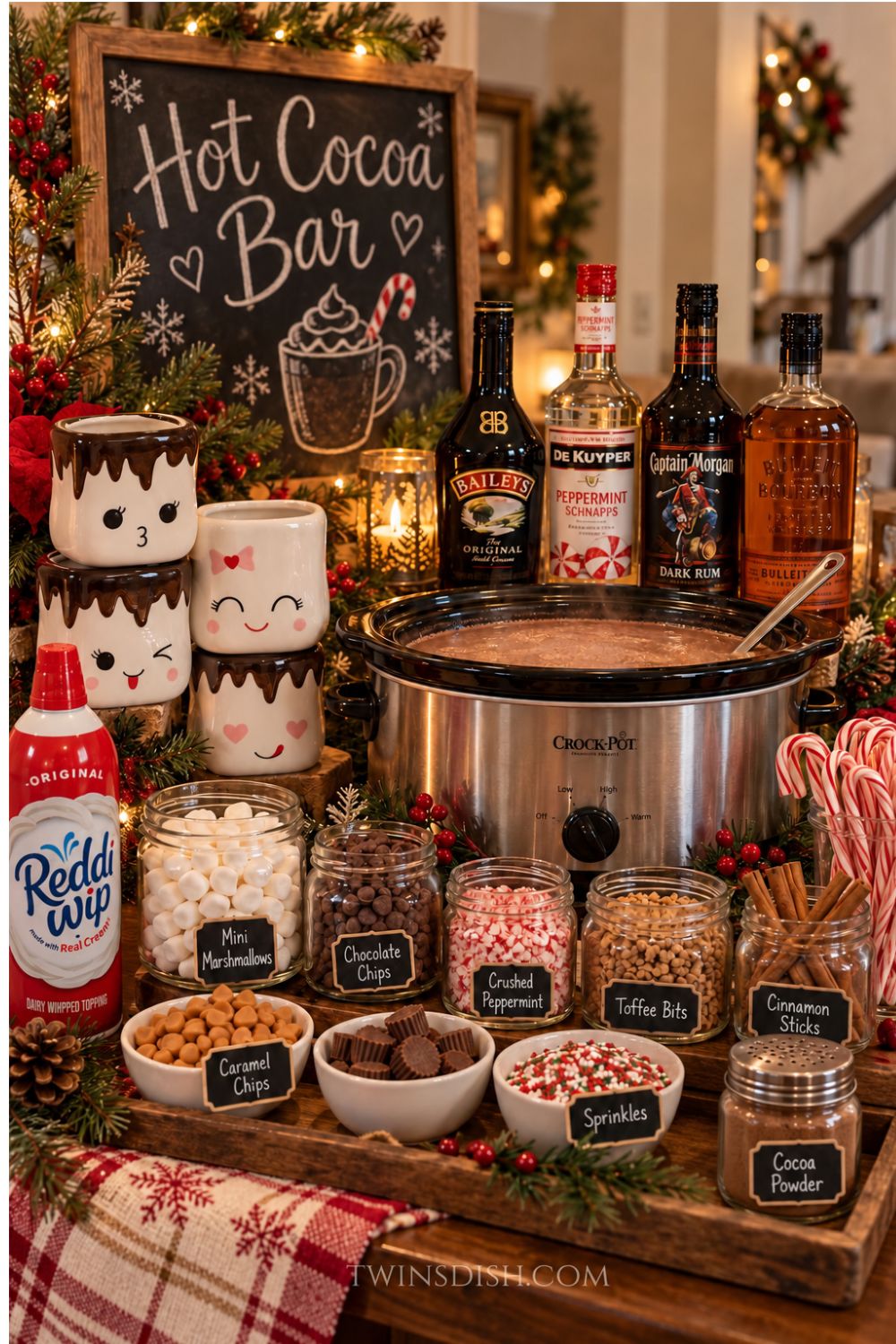 Hot cocoa bar with a crockpot of hot chocolate, stacked marshmallow-style mugs, whipped cream, candy canes, mini marshmallows, chocolate chips, crushed peppermint, toffee bits, cinnamon sticks, caramel chips, sprinkles, and holiday liquor bottles.