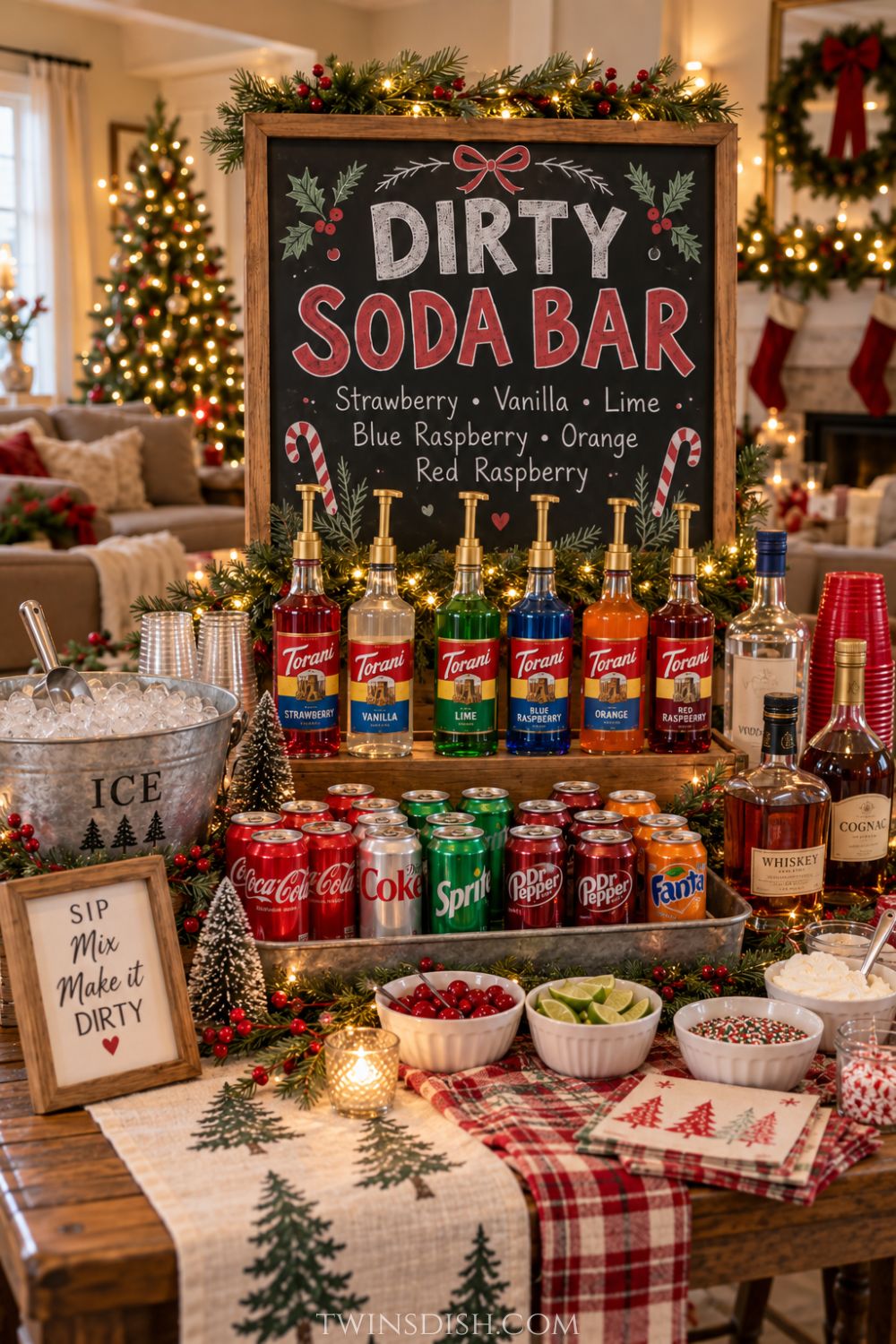 Christmas dirty soda bar set up on a table inside a cozy home with flavored syrup bottles, soda cans, ice bucket, holiday garnishes, and festive decor.
