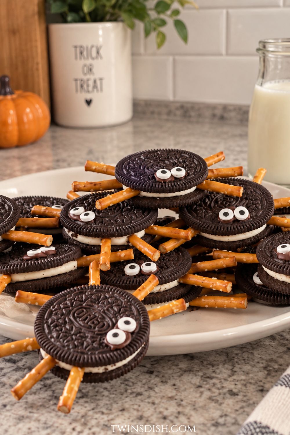 Oreo spider Halloween treats made with chocolate sandwich cookies, pretzel stick legs, and candy eyes on a plate in a home kitchen.