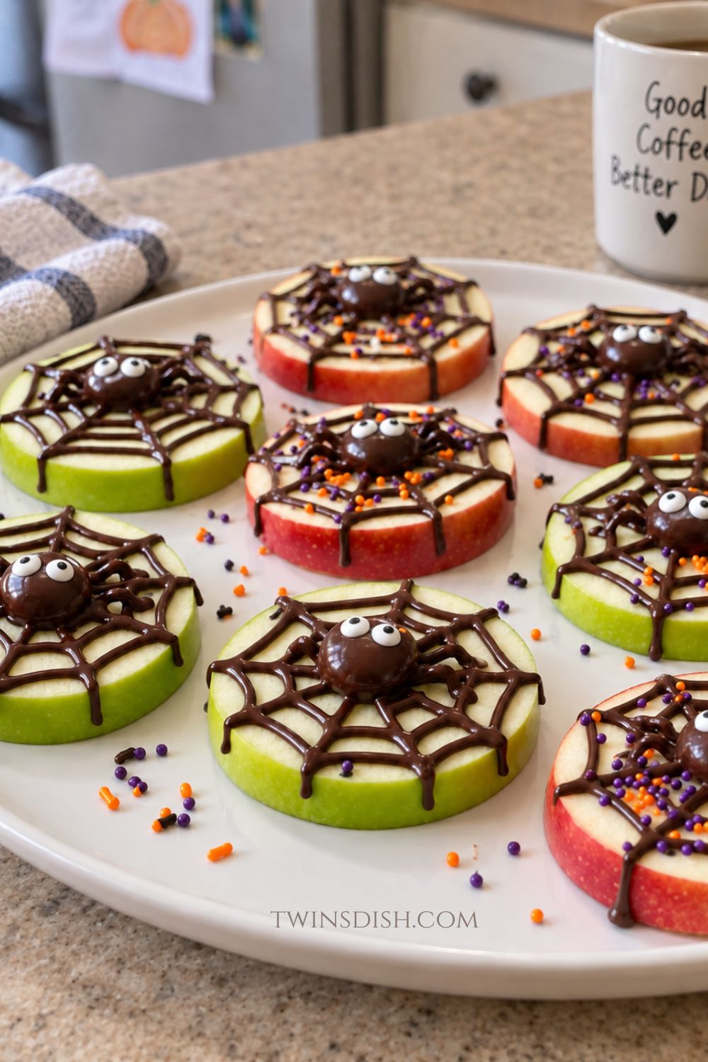 Halloween apple spiderweb treats made with sliced red and green apples, melted chocolate, candy eyes, and festive sprinkles.