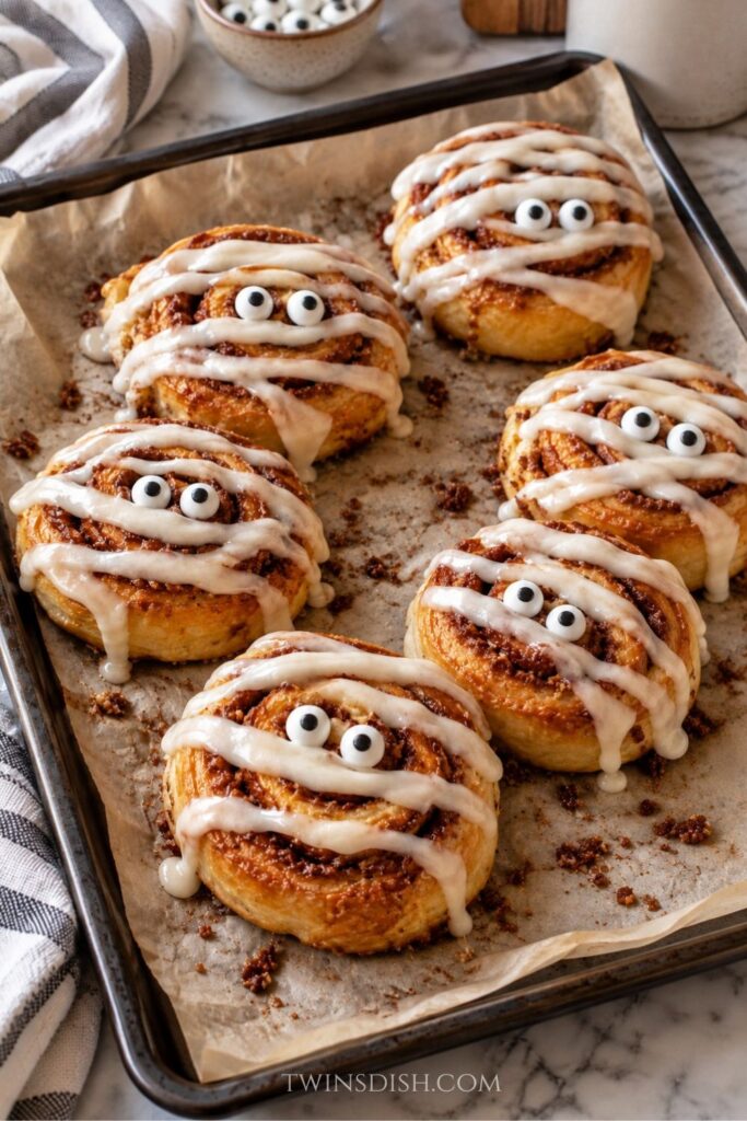 Easy mummy cinnamon rolls Halloween treats with white icing bandages and candy eyes.