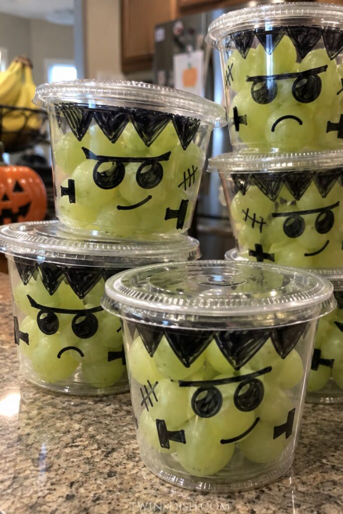 Frankenstein grape cups made with green grapes and hand-drawn black marker faces for a healthy Halloween snack.