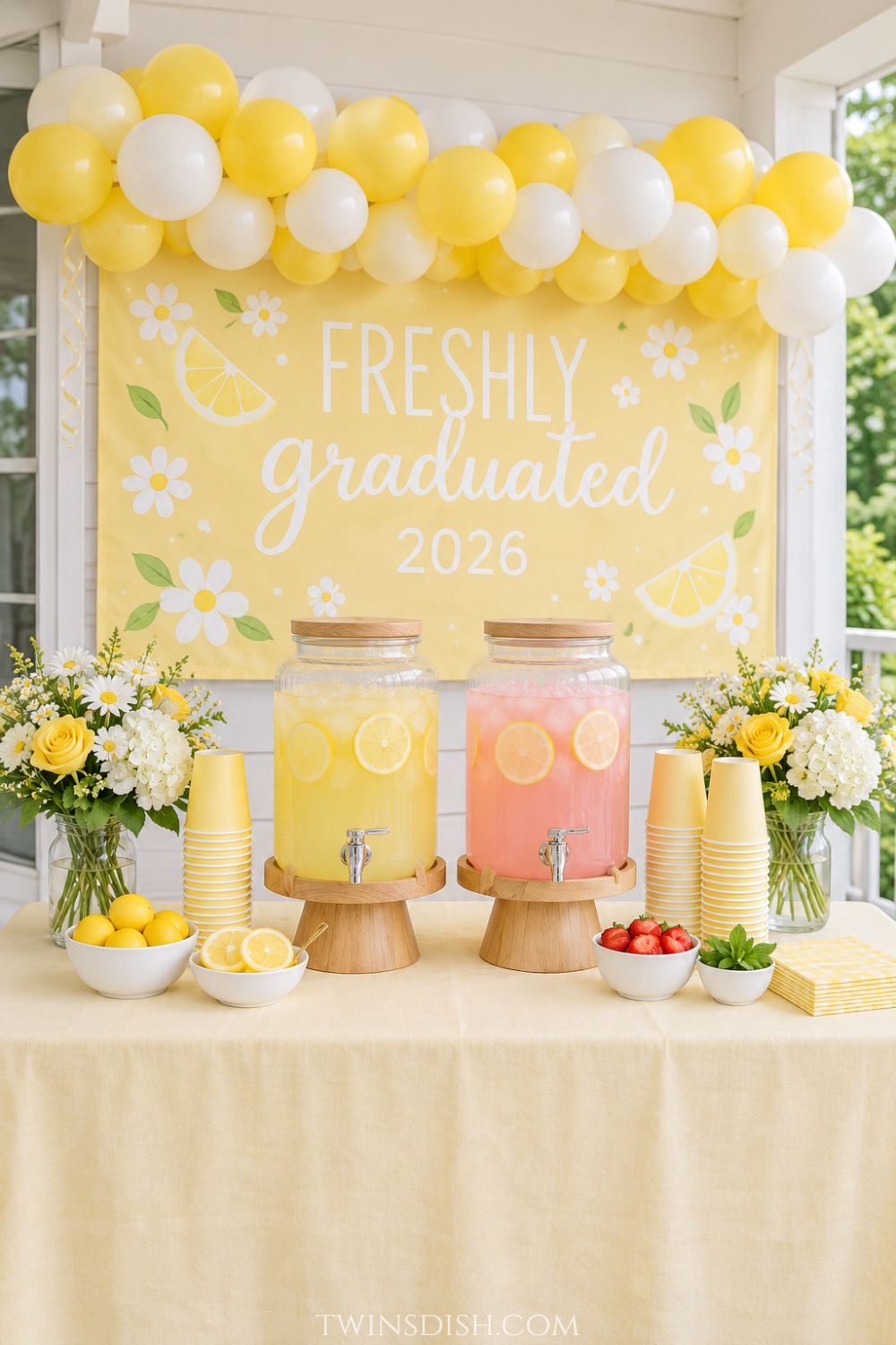 Yellow graduation lemonade bar with a “Freshly Graduated 2026” sign, yellow and white balloons, pink and yellow lemonade dispensers, flowers, lemons, and party cups.