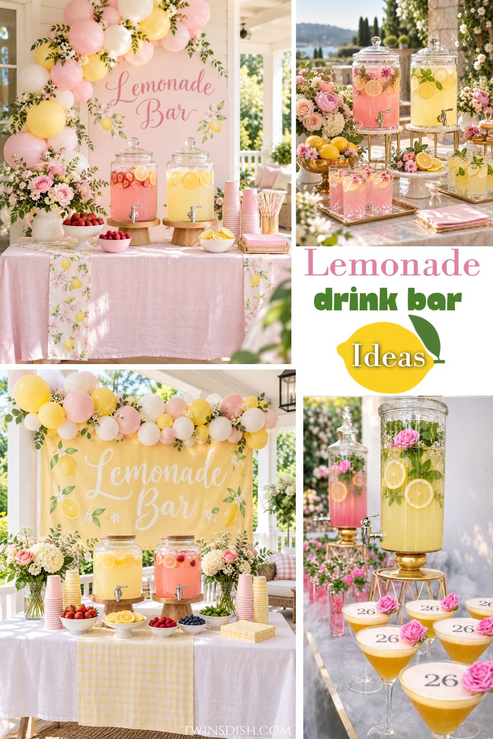 Lemonade bar ideas with pink and yellow lemonade dispensers, balloon garlands, flowers, fruit garnishes, and elegant party drink station setups.