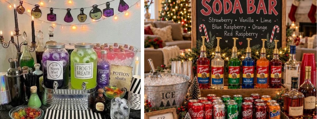 Party drink bar ideas featuring a Halloween potion bar and festive Christmas dirty soda bar with flavored syrups, soda cans, garnishes, and party drink station decor.
