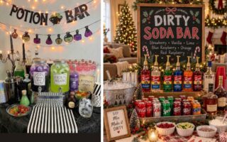 Party drink bar ideas featuring a Halloween potion bar and festive Christmas dirty soda bar with flavored syrups, soda cans, garnishes, and party drink station decor.