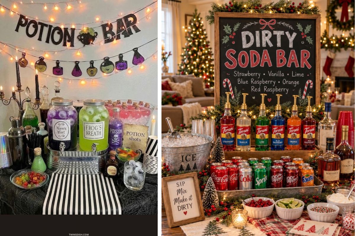 Party drink bar ideas featuring a Halloween potion bar and festive Christmas dirty soda bar with flavored syrups, soda cans, garnishes, and party drink station decor.