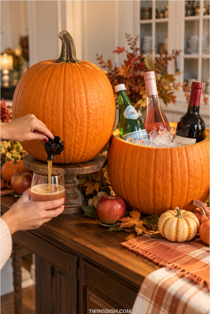 DIY pumpkin drink bar with apple cider dispenser and pumpkin wine cooler