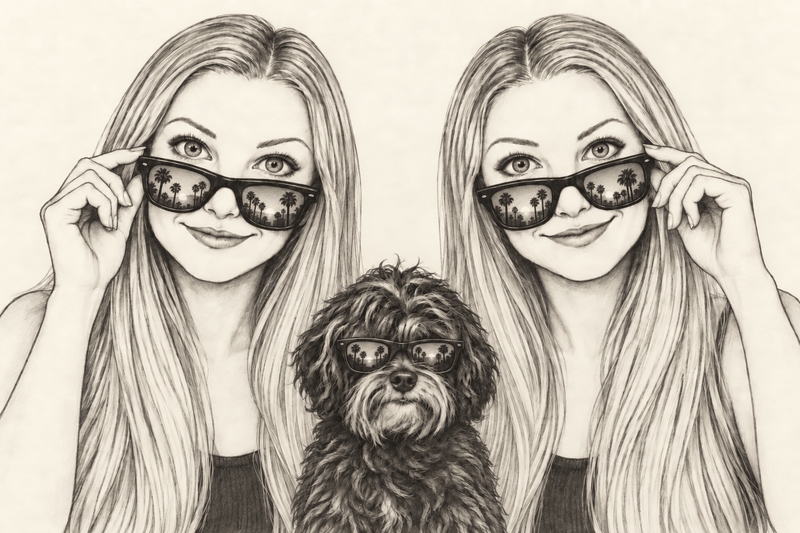Twins Dish identical twin sisters and their dog wearing sunglasses