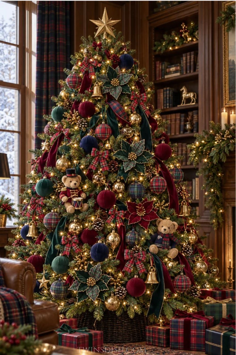 Ralph Lauren inspired Christmas tree with tartan plaid bows, burgundy, navy blue and forest green velvet ornaments, gold bells, plaid poinsettias and teddy bear decorations.
