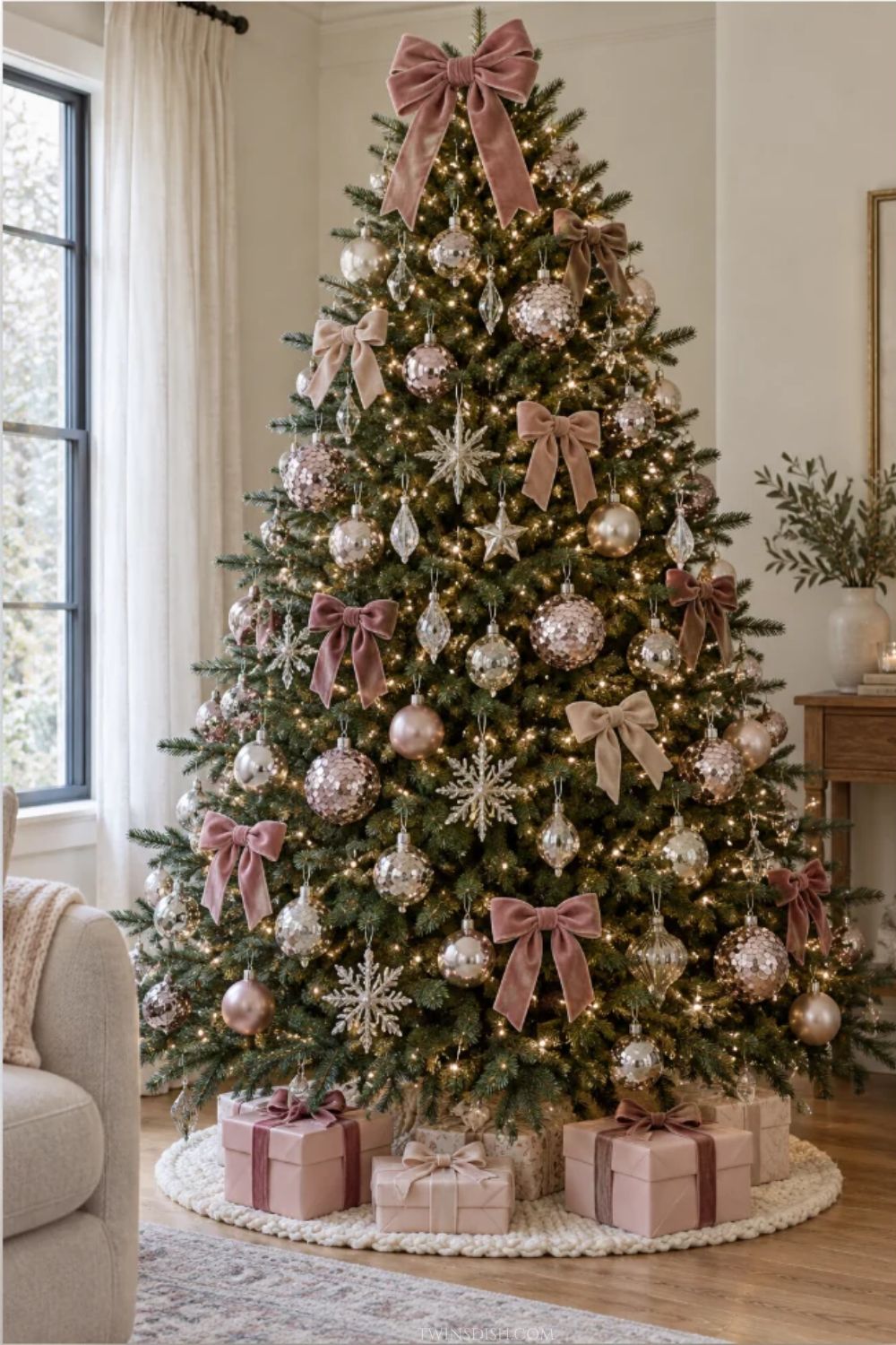 Blush pink Christmas tree decorated with dusty rose velvet bows, champagne and pink sequin ornaments, metallic baubles, glitter snowflakes, crystal drops, and warm white twinkle lights.