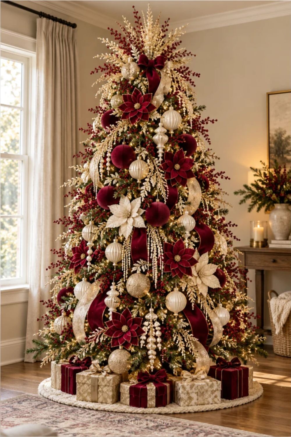 Elegant burgundy and champagne gold Christmas tree decorated with velvet bows, cascading gold ribbons, burgundy and ivory poinsettias, oversized velvet ornaments, red berry sprays, pearl accents, and warm white Christmas lights.