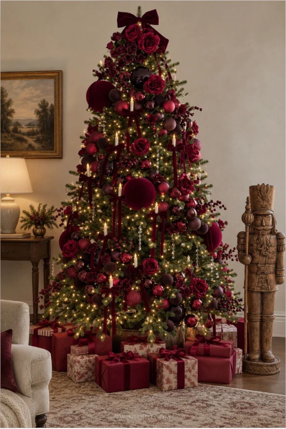 Burgundy and red Christmas tree decorated with deep wine velvet bows, burgundy roses, oversized velvet ornaments, red glass baubles, berry sprays, crystal accents, and warm white lights, with a rustic wooden nutcracker beside it.