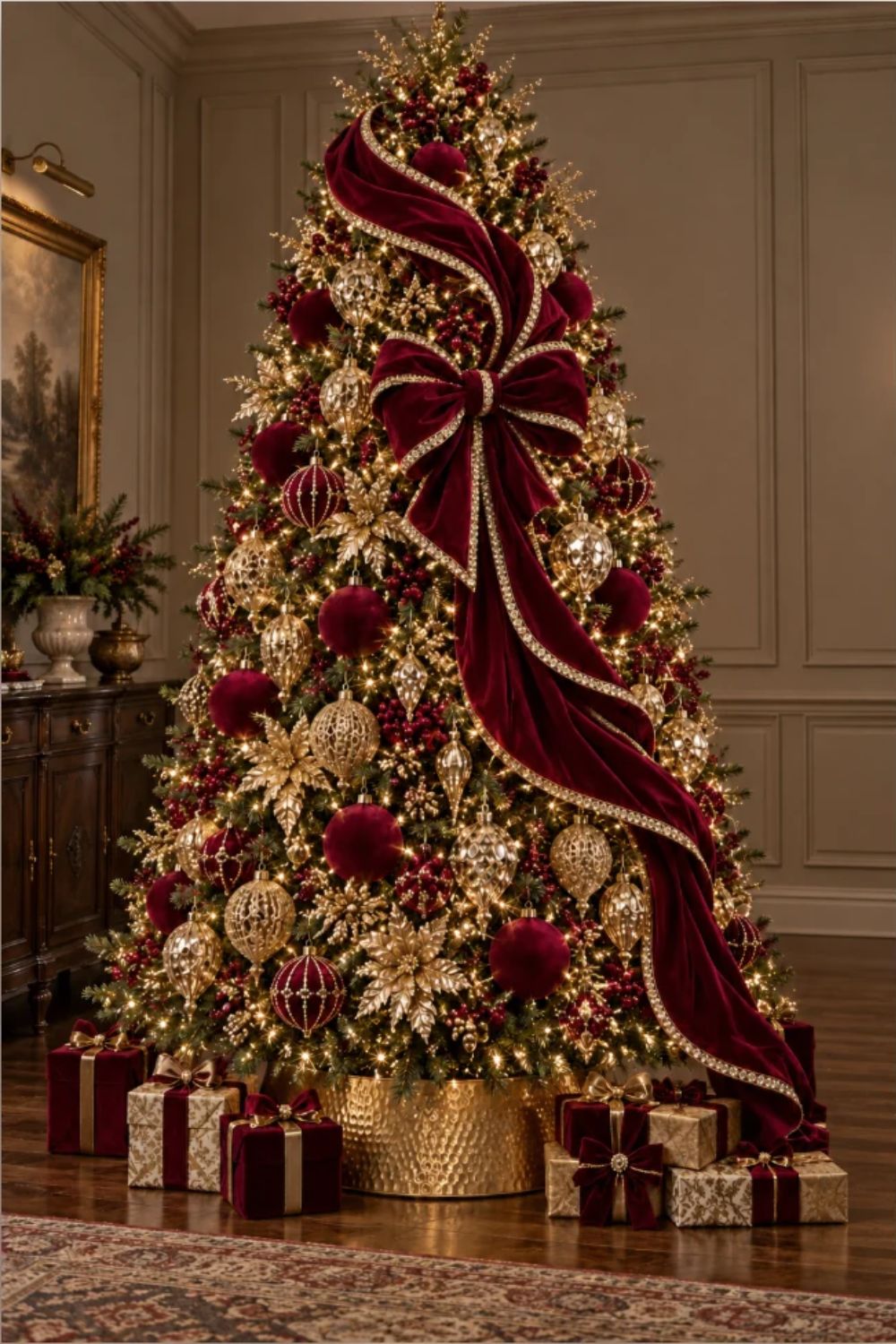 Elegant burgundy and gold Christmas tree featuring an oversized burgundy velvet bow, cascading gold-trimmed ribbon, deep red ornaments, ornate gold baubles, berry sprays, sparkling lights, and a hammered gold tree collar.