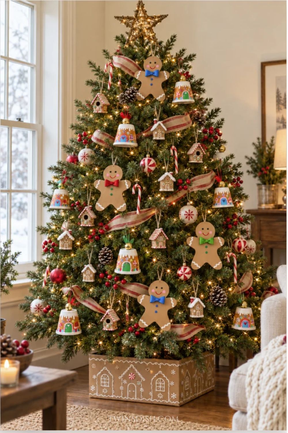 Gingerbread Christmas tree decorated with oversized gingerbread man ornaments, gingerbread house ornaments, candy canes, red berry picks, pinecones, striped ribbon, warm white lights, and a gingerbread house-style tree collar