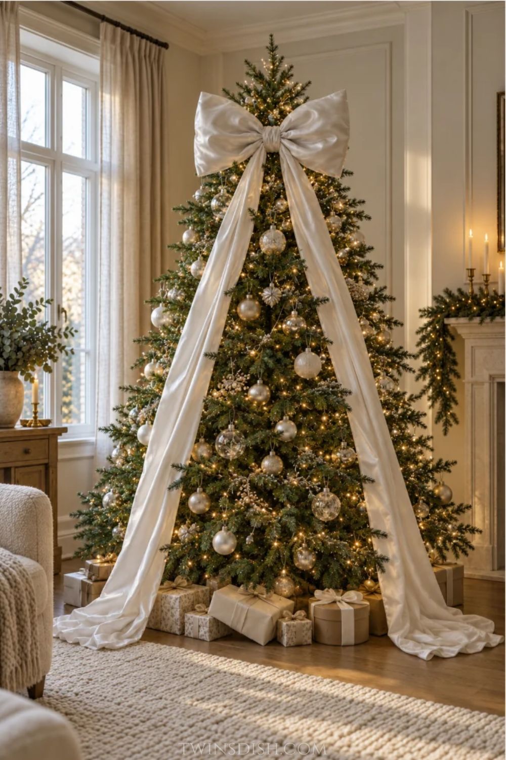 Elegant Christmas tree with an oversized ivory satin bow, long flowing ribbon tails, champagne and silver glass ornaments, warm white lights, and beautifully wrapped neutral Christmas presents.