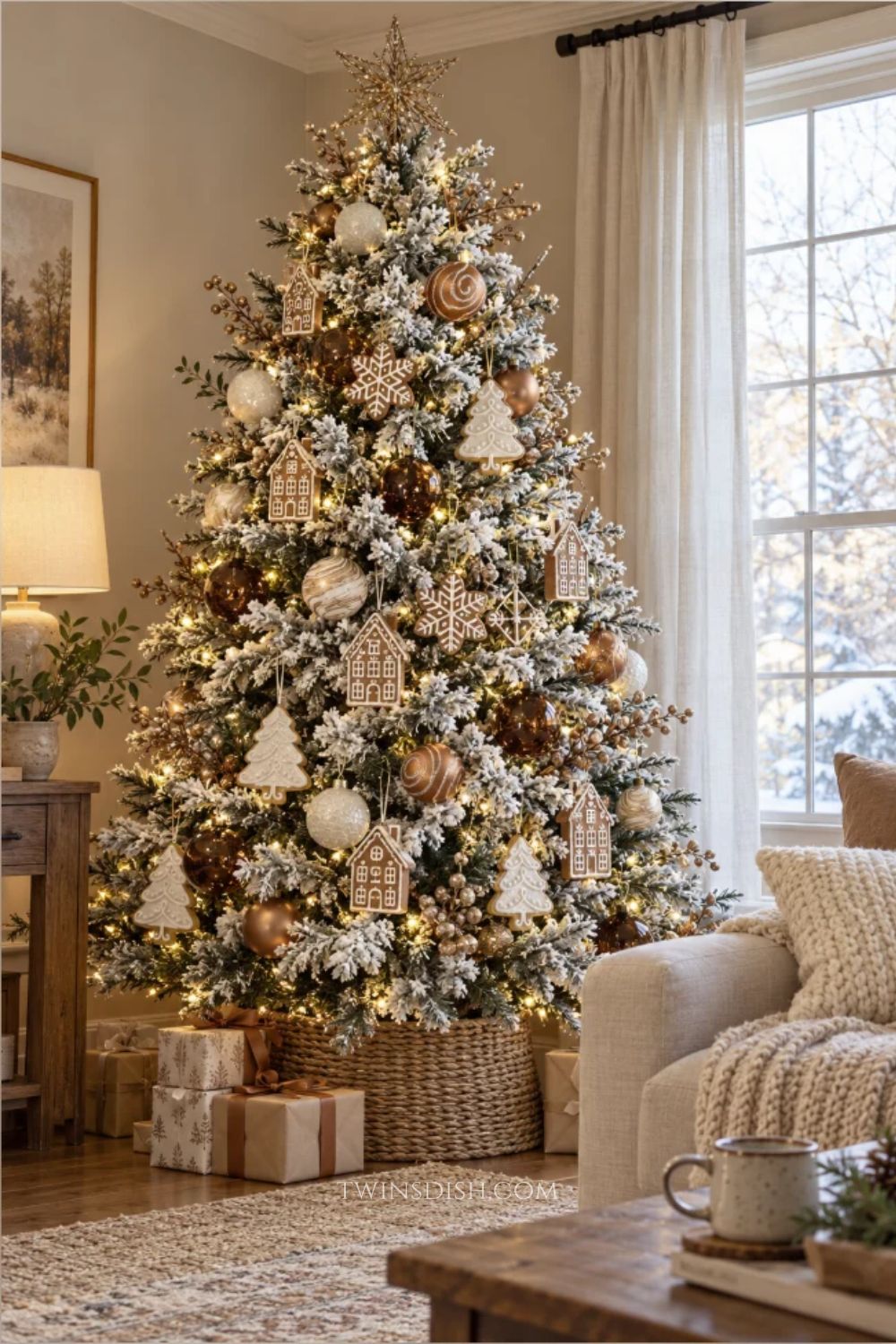 Flocked gingerbread Christmas tree decorated with gingerbread house ornaments, white iced Christmas tree cookies, snowflakes, bronze and cream ornaments, gold berry sprays, warm white lights, and a woven basket tree collar.