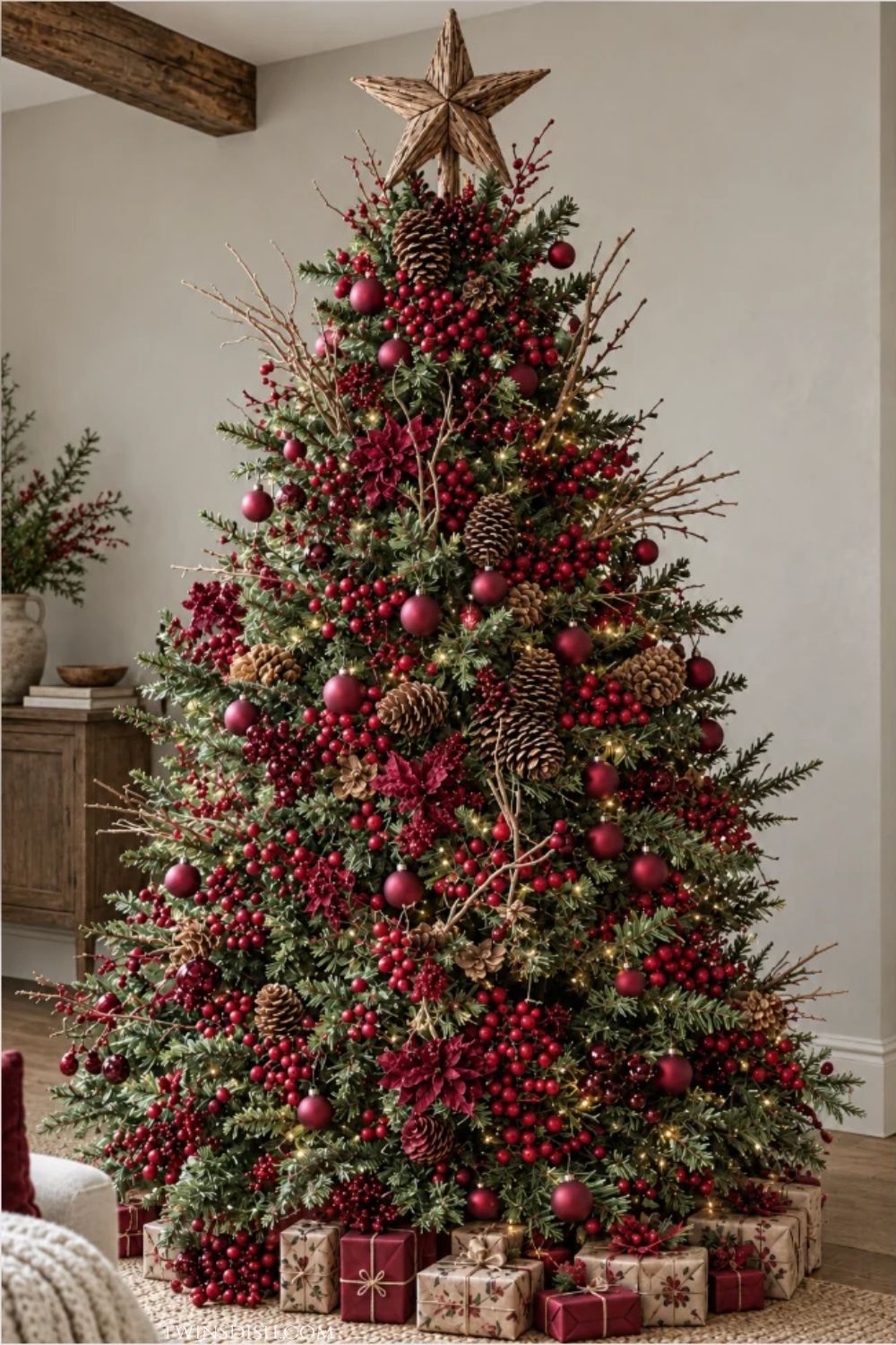 Moody woodland Christmas tree decorated with burgundy red ornaments, clusters of red berries, natural pinecones, rustic branches, and a wooden star topper in a cozy living room.