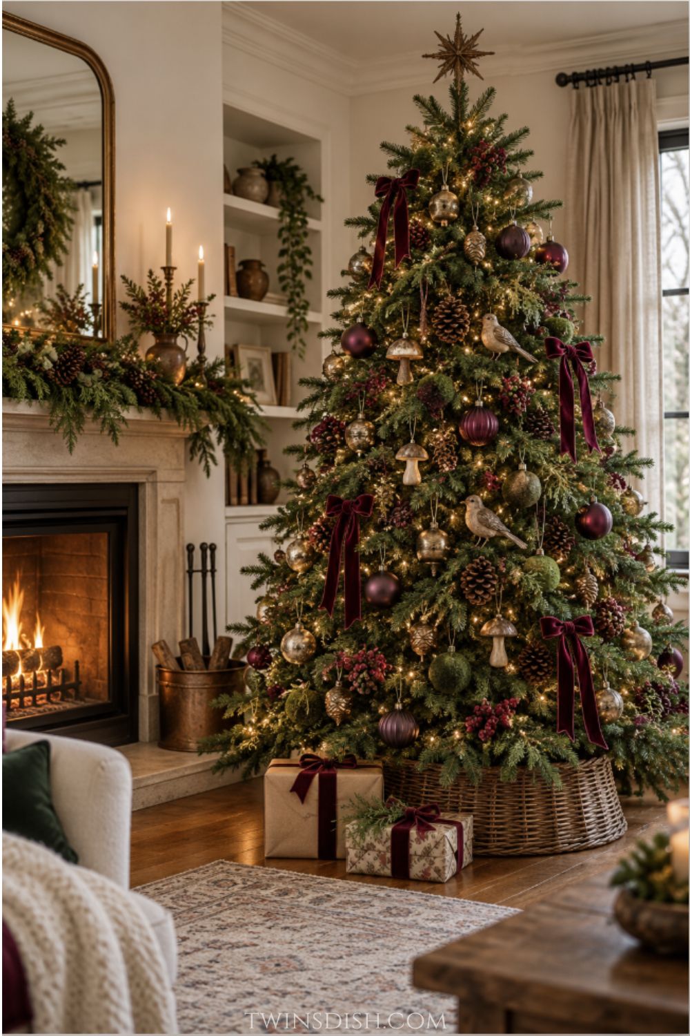 Moody burgundy and plum Christmas tree decorated with velvet bows, deep purple ornaments, antique gold baubles, pinecones, woodland bird and mushroom ornaments, and warm white lights beside a cozy fireplace.