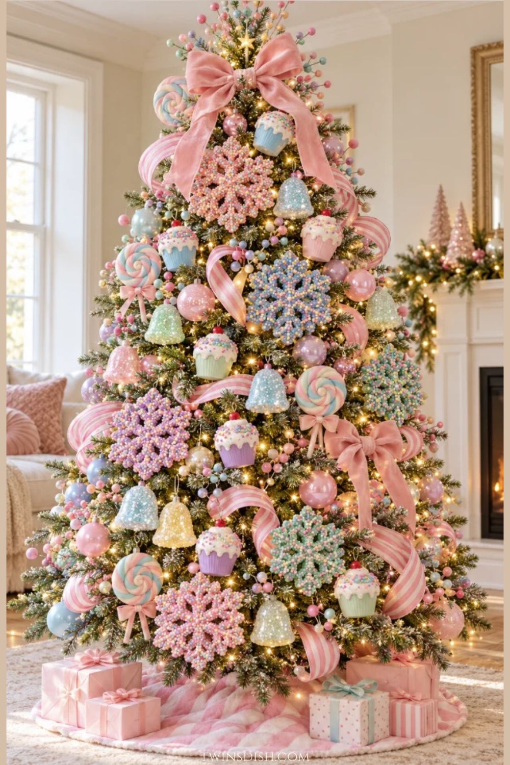 Pastel Candyland Christmas tree decorated with colorful sprinkle-covered snowflakes, frosted cupcake ornaments, glittery candy ornaments, pastel swirl lollipops, pink-and-white striped ribbon, and pink velvet bows.