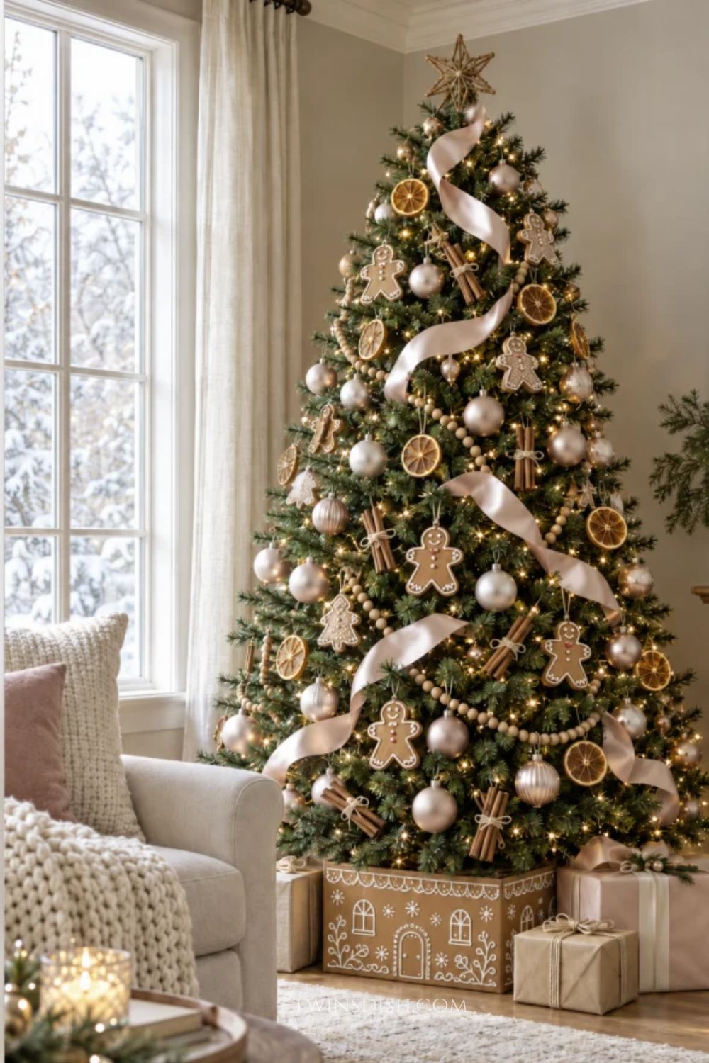 Gingerbread Christmas tree decorated with gingerbread man ornaments, dried orange slices, cinnamon sticks, wooden bead garland, blush ribbon, champagne ornaments, and warm white lights with a gingerbread house tree collar.