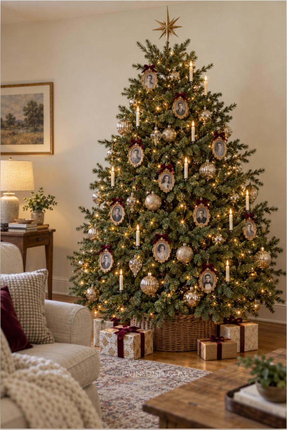 Vintage family photo Christmas tree decorated with antique gold picture frame ornaments, black-and-white portraits, burgundy velvet bows, gold glass baubles, ivory candle lights, and a gold star topper.