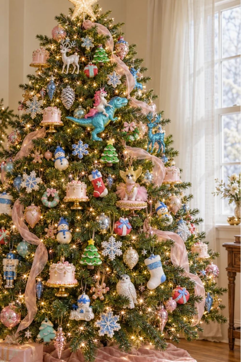 Whimsical vintage-inspired Christmas tree decorated with pastel ornaments, pink ribbon, warm white lights, miniature pink cakes, a turquoise dinosaur with a unicorn, snowmen, blue snowflakes, and colorful Christmas keepsakes.