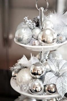 White and silver ornaments on a 3 tier tray luxury DIY Christmas decor