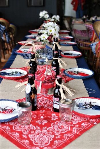 Easy DIY 4th of July Patritoic Bandana table runner decor idea