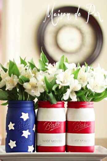 DIY flag painted mason jar vases 4th of July table decorations