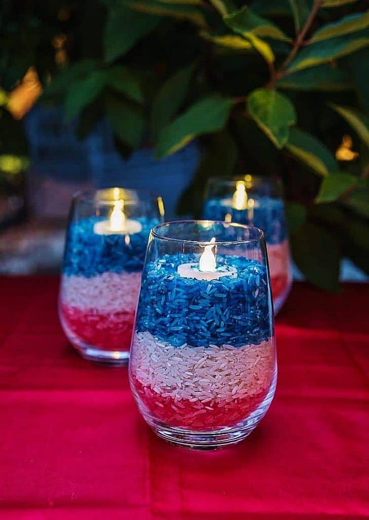 Easy DIY Patriotic Votives using food coloring and rice. 4th of July party decoration ideas.