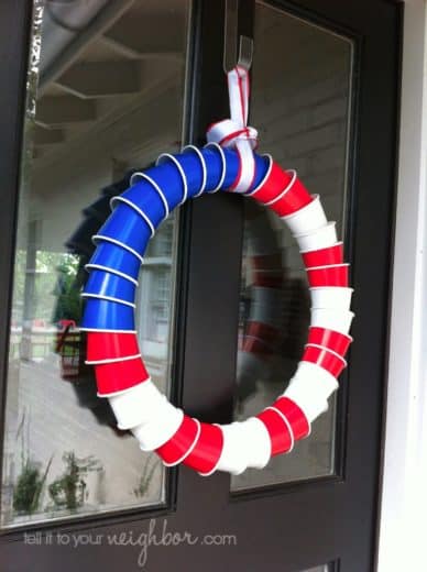 Easy DIY plastic cup wreath 4th of July decoration. 4th of July party ideas.