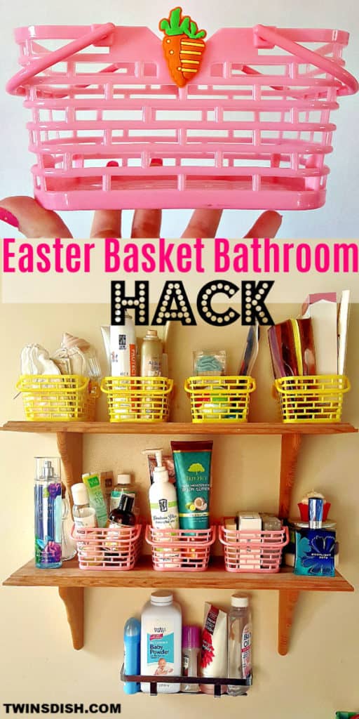 Easy Bathroom decor idea using recycled Easter Baskets to makeover an apartment or small bathroom on a budget. Great DIY organizing ideas and hacks