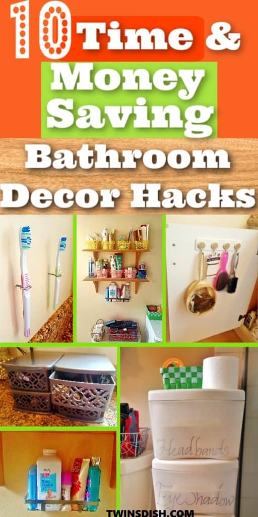 10 DIY Bathroom Decor and Organization ideas for apartment decorating on a budget. Perfect for small spaces, or college dorms , rentals, and first apartments or small homes. Includes dollar store, storage, and upcycle ideas.