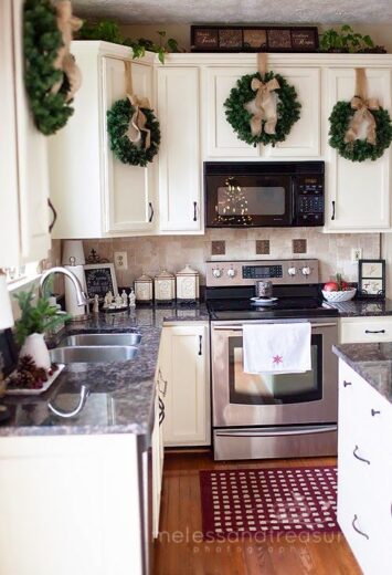 Christmas Wreaths on Kitchen Cabinets