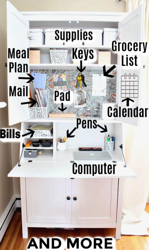 Modern Secretary desk with hutch. Cheap and Easy Clutter Proof Hidden Family Command Center for Busy Moms